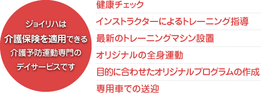 ジョイリハは、介護保険を適用できる介護予防運動専門のデイサービスです｜【健康チェック】【インストラクターによるトレーニング指導】【最新のトレーニングマシン設置】【オリジナルの全身運動】【目的に合わせたオリジナルプログラムの作成】【専用車での送迎】