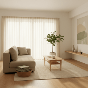 柔らかな光が差し込む、清潔で整頓された日本のリビングルーム。