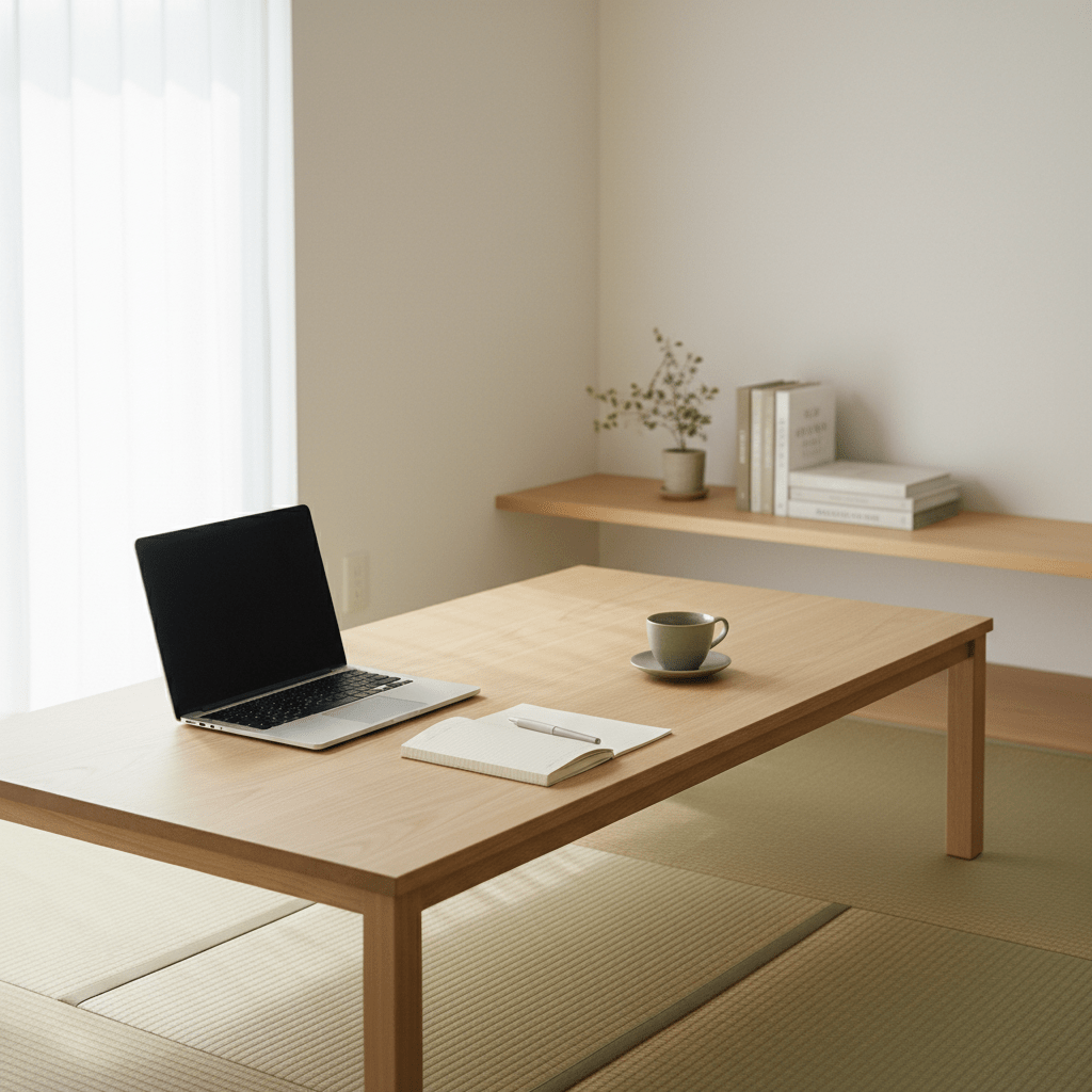 ノートやPCが置かれた清潔な日本のテーブル。